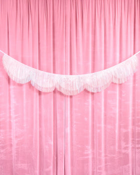 xo, Fetti white iridescent fringe banner enhances wedding décor with a dreamy shimmer