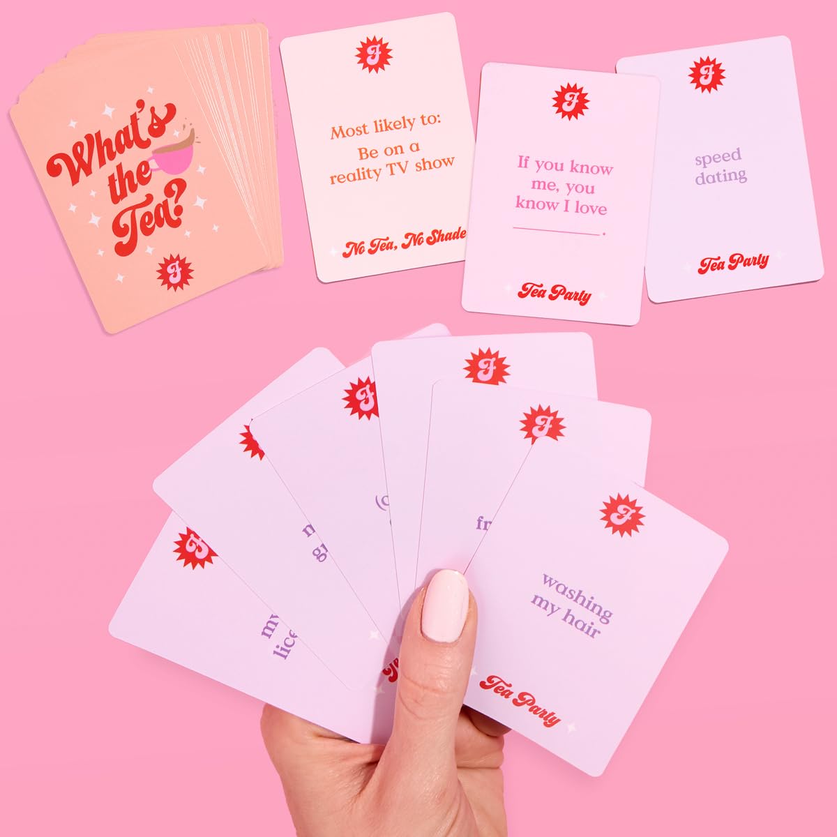 xo, Fetti What's The Tea? glossy finish close-up of premium cards.