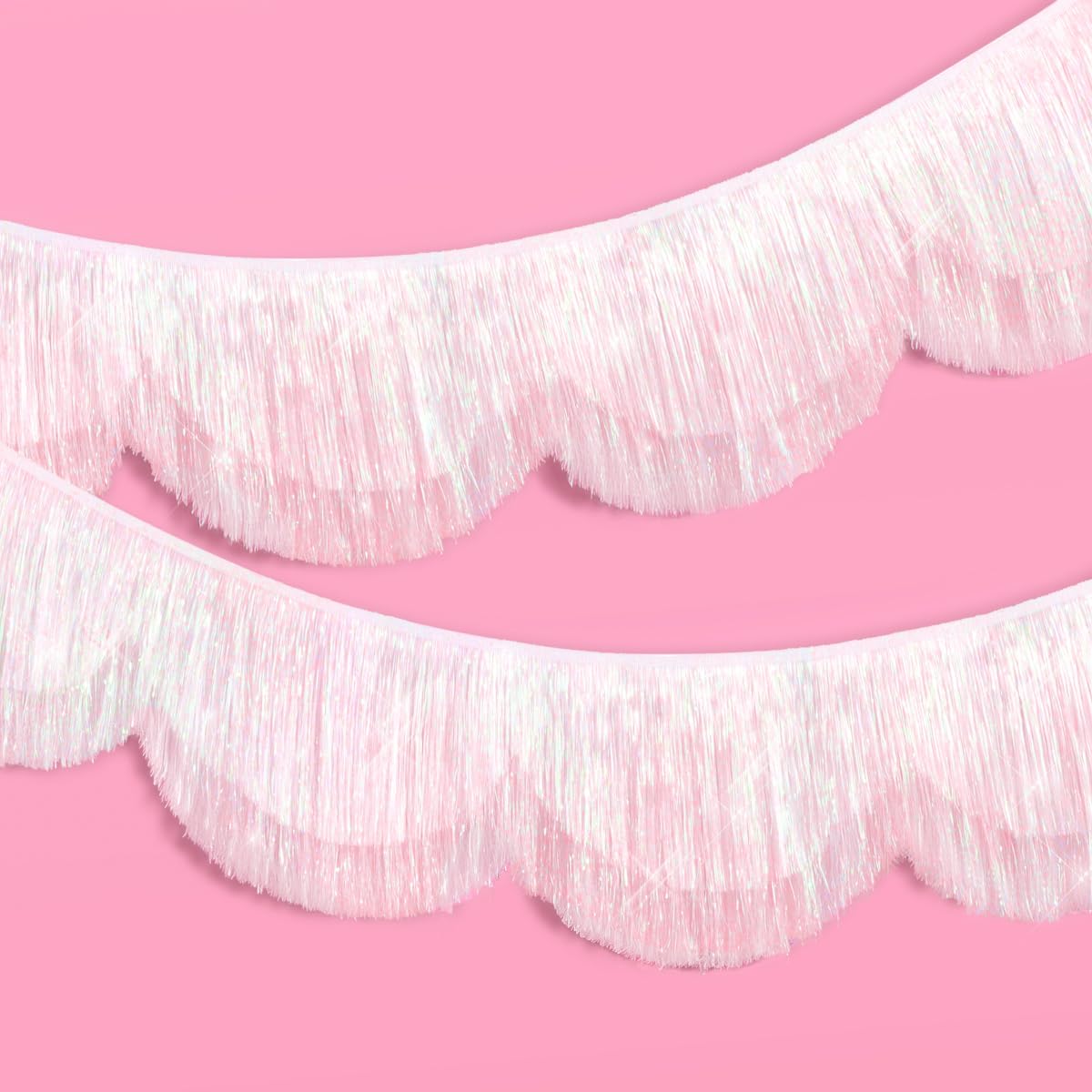 xo, Fetti white iridescent scallop fringe banner creates a shimmering backdrop for photos