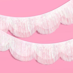 xo, Fetti white iridescent scallop fringe banner creates a shimmering backdrop for photos