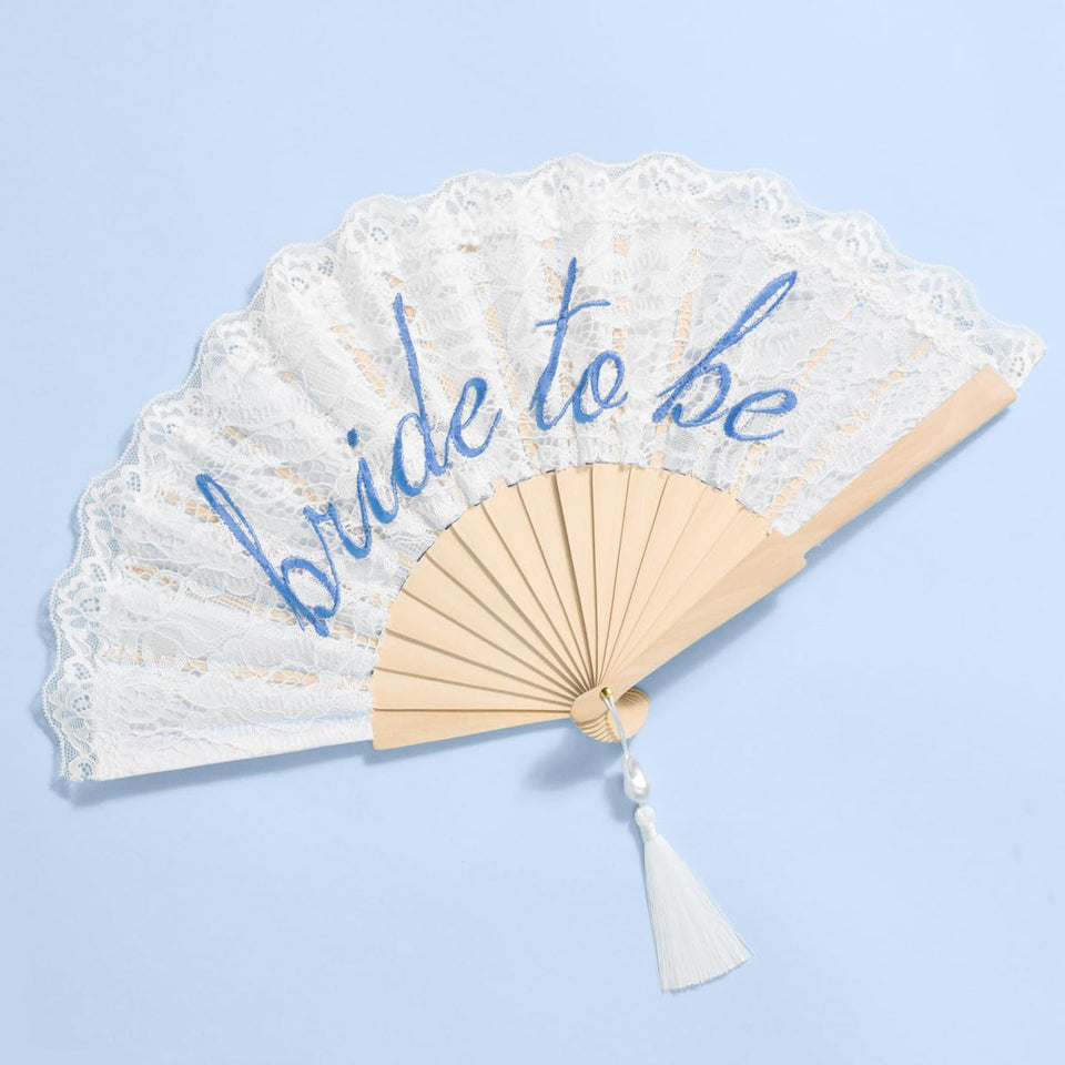 xo Fetti white lace folding fan with delicate lace for bridal day elegance and cool comfort.