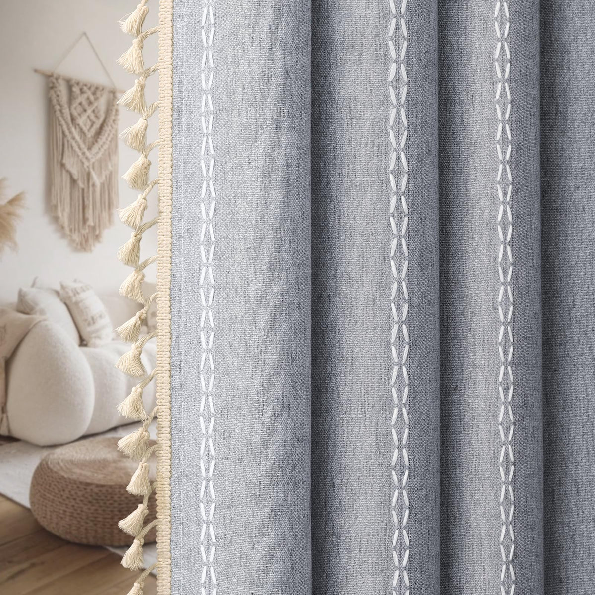 XOGUIBO Blue Boho Curtains enhance living rooms or bedrooms with soft texture.