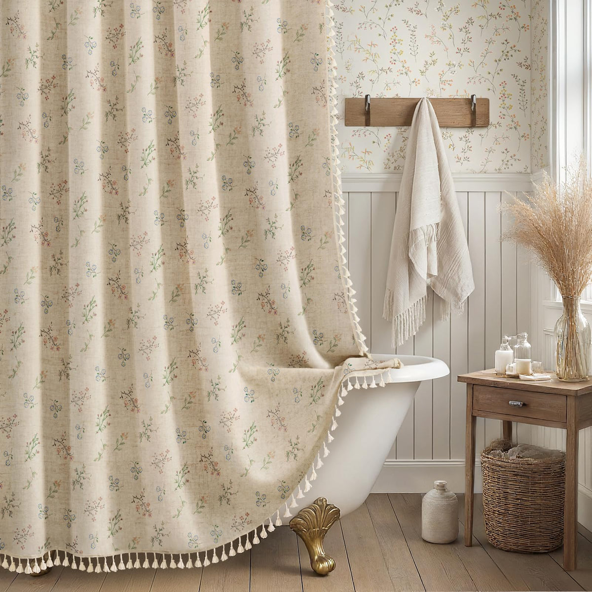 XOGUIBO Farmhouse charm curtain adds rustic warmth to bathroom styling.