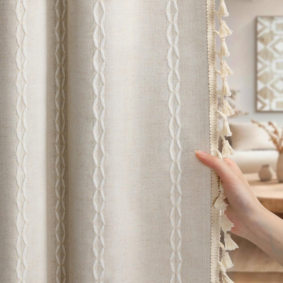 XOGUIBO Boho blackout curtain with gray liner, front view shows rich texture and light blocking.