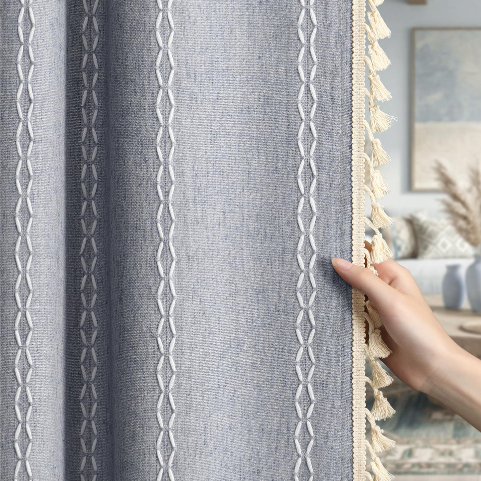 XOGUIBO Blue Boho Curtains with embroidery offer privacy and a touch of linen texture.