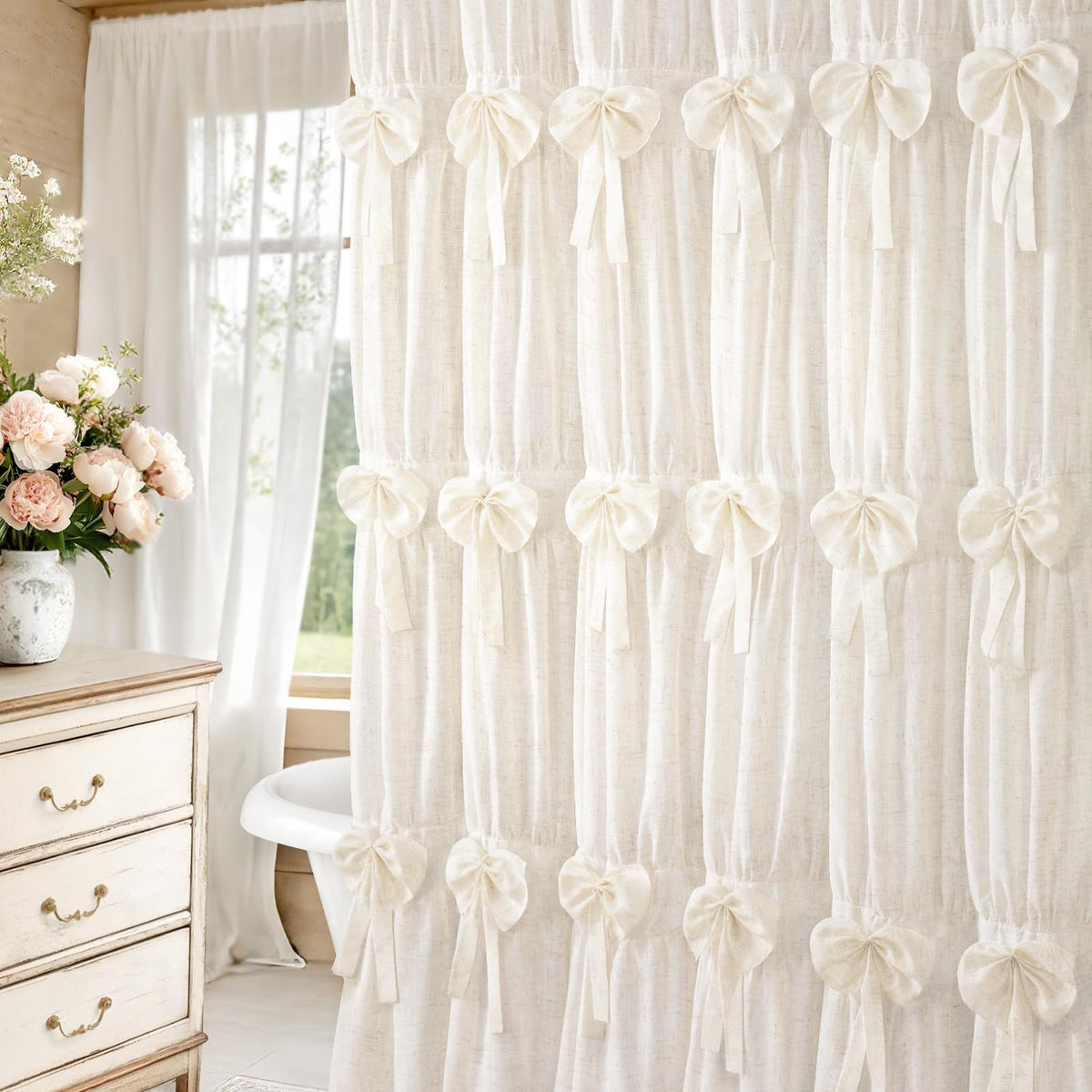 XOGUIBO 72x72 curtain image demonstrates privacy-friendly light filtration during showers