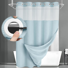 XOGUIBO Aqua No Hook curtain close-up showing hotel-style waffle texture for a premium bathroom