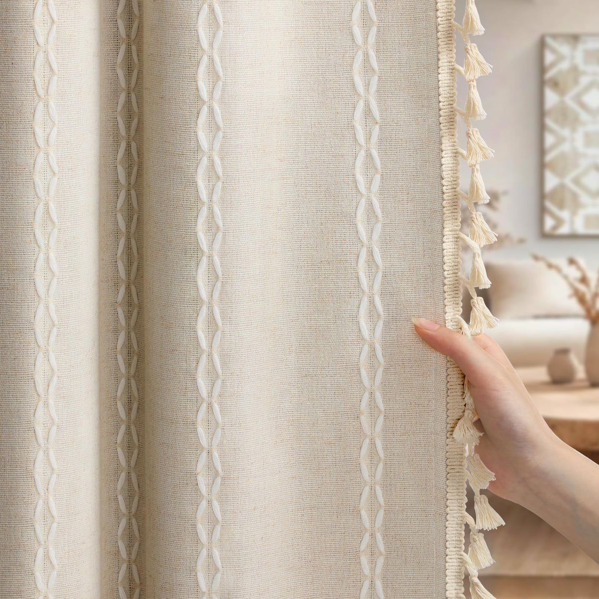 Bedroom ambiance enhanced by beige linen-blend curtains.
