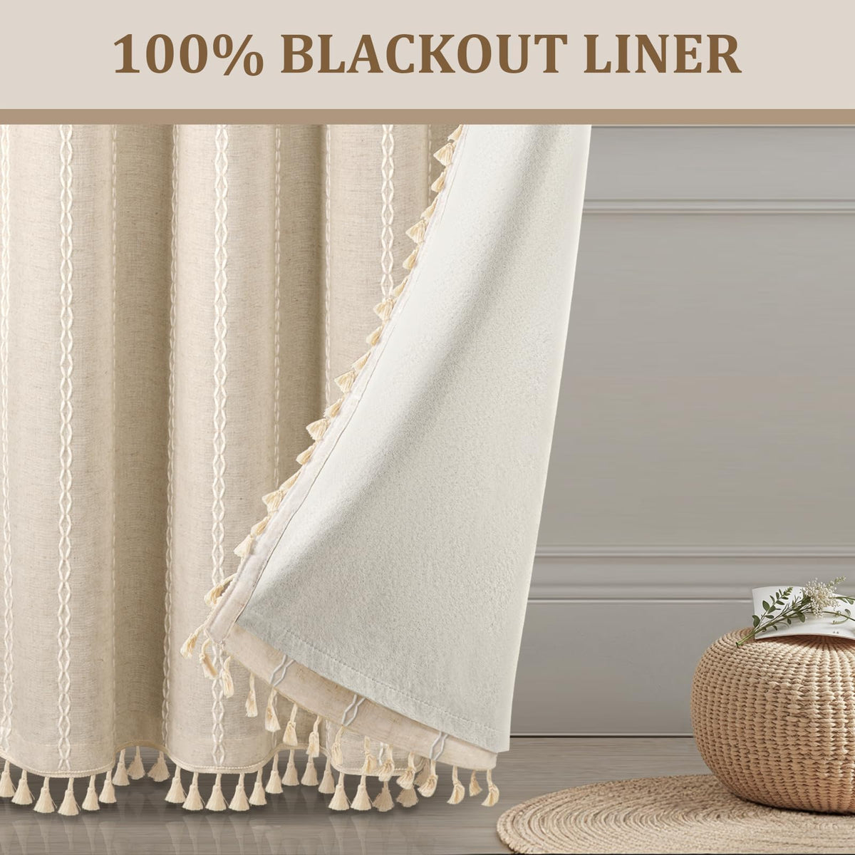 Close-up of XOGUIBO embroidery detailing on boho curtains.