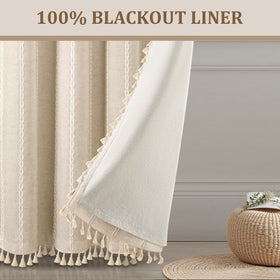 Close-up of XOGUIBO embroidery detailing on boho curtains.