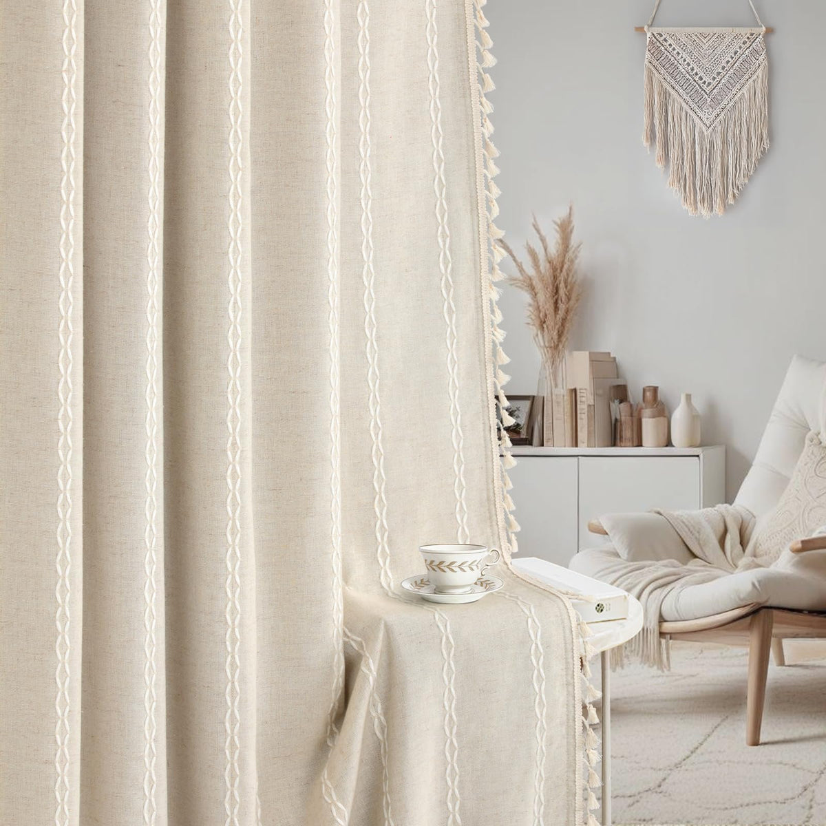 Vintage rustic living room styled with XOGUIBO boho blackout curtains.