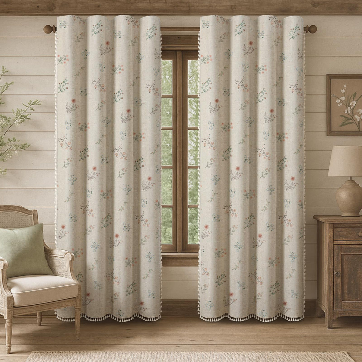 XOGUIBO boho floral curtain 90inch panel with beige tassel for cozy living spaces.