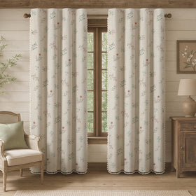 XOGUIBO boho floral curtain 90inch panel with beige tassel for cozy living spaces.