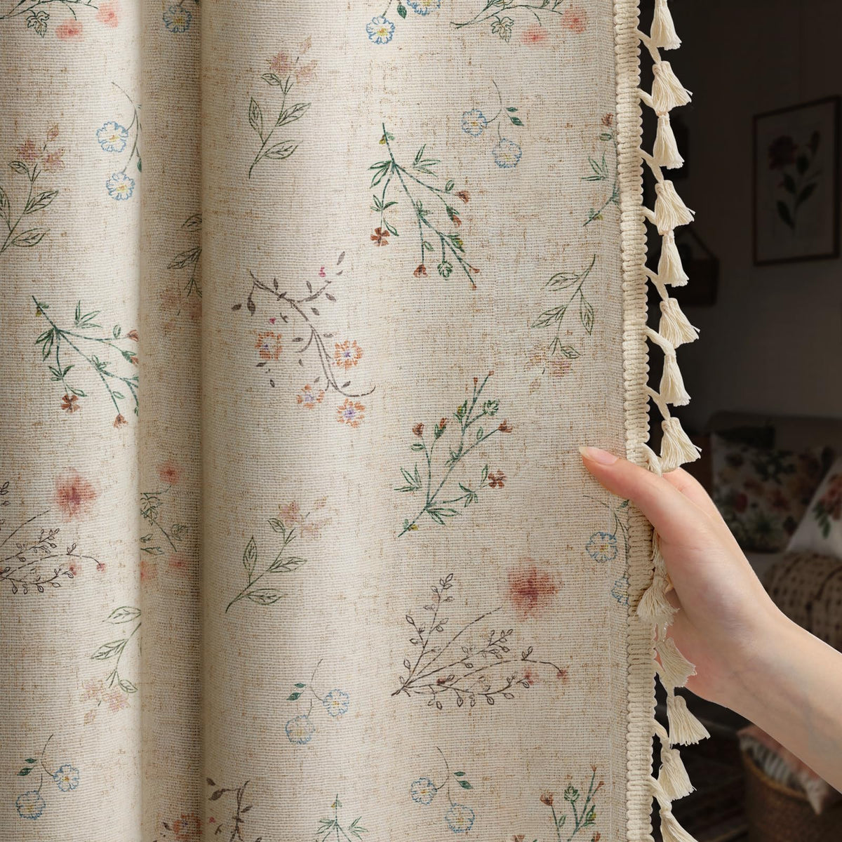XOGUIBO boho floral curtains beige tassel close-up, highlighting texture for cozy rooms