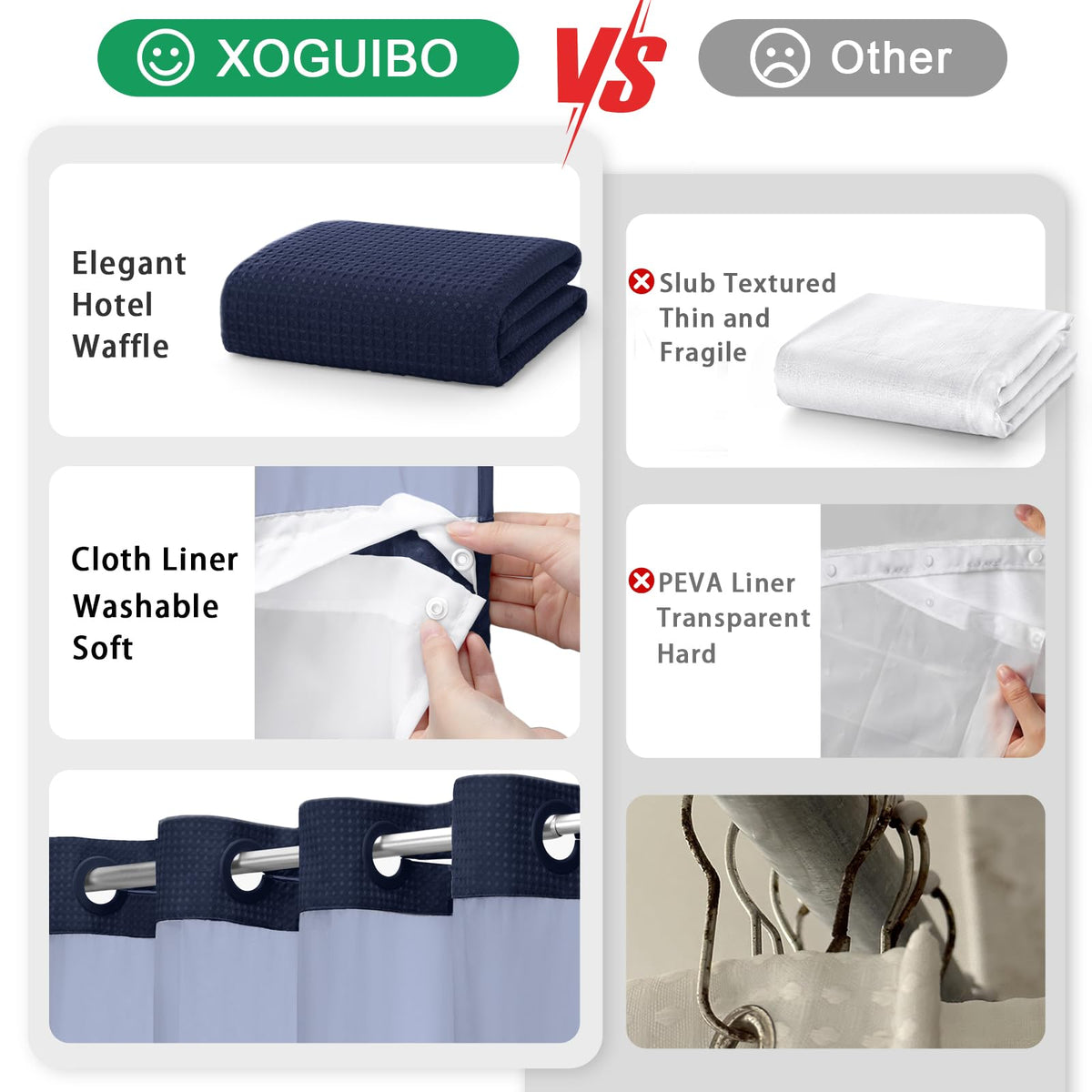 XOGUIBO magnets at the bottom keep the curtain in place during showers