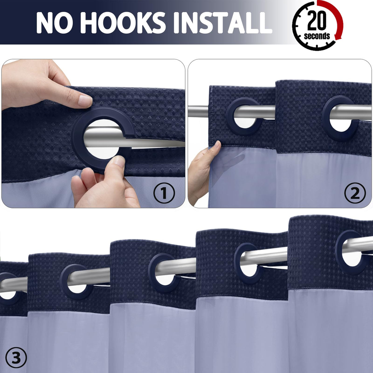 XOGUIBO built-in rings curtain blue enables fast on/off without removing the rod