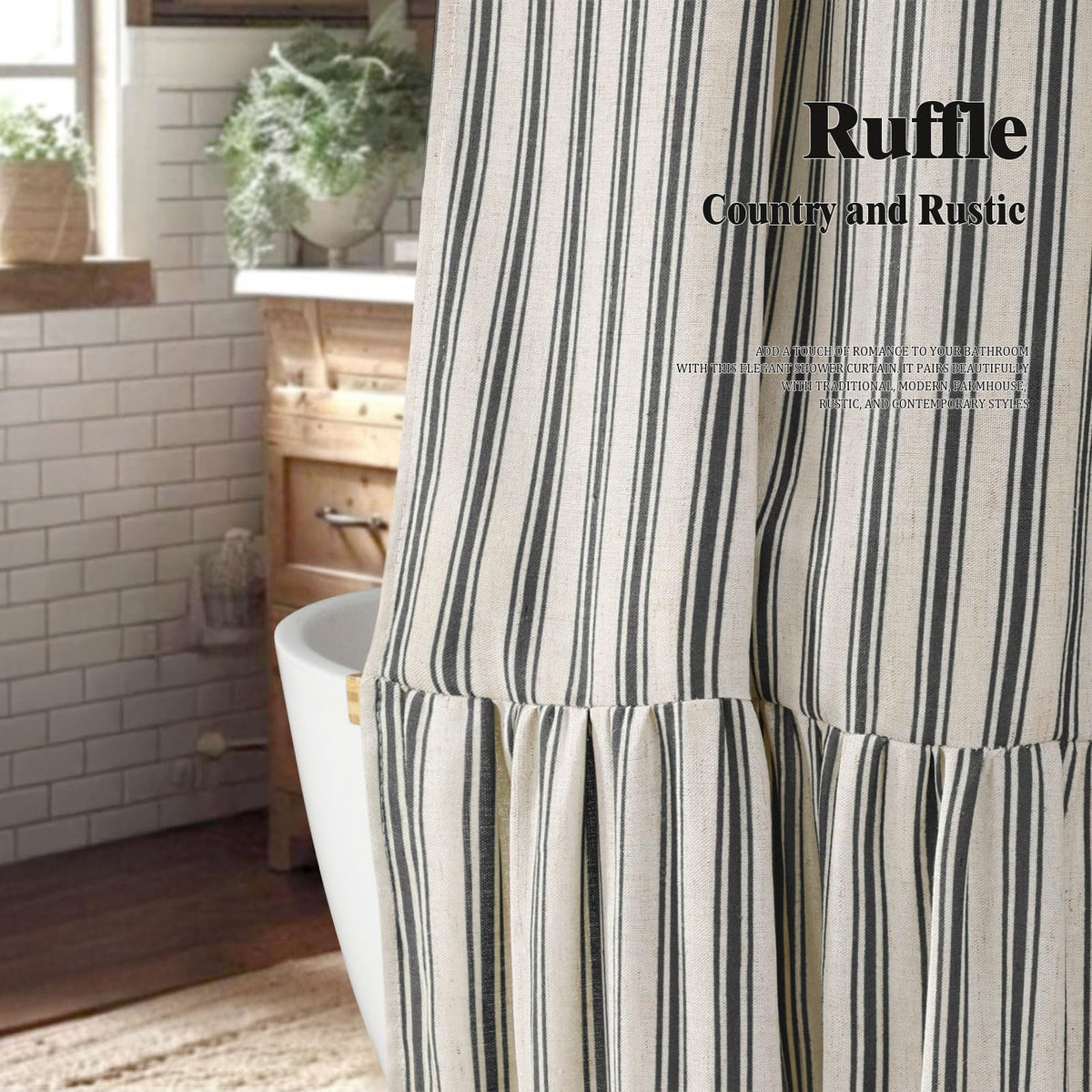 XOGUIBO cream and black stripe pattern enhances rustic spa vibes in bathrooms.