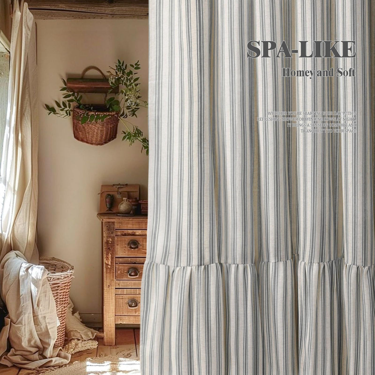 XOGUIBO cream grey stripe curtain complements farmhouse, cottage, or Scandinavian bathrooms.