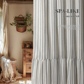 XOGUIBO cream grey stripe curtain complements farmhouse, cottage, or Scandinavian bathrooms.