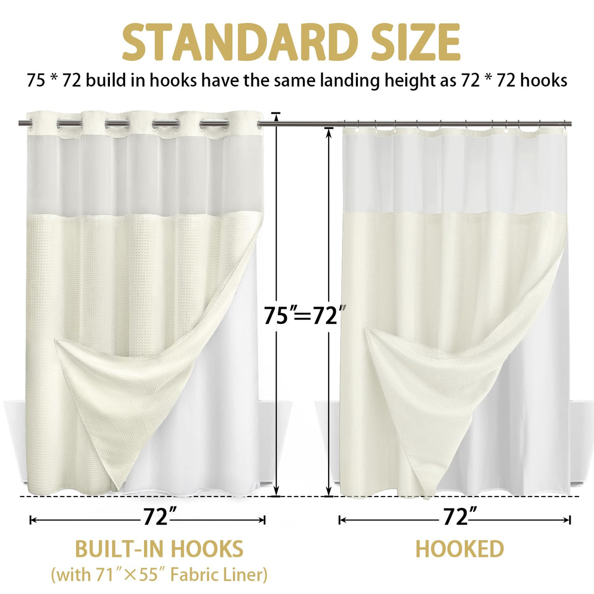 XOGUIBO curtain and liner dimensions show 72x75 curtain and 71x55 liner