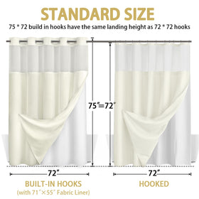 XOGUIBO curtain and liner dimensions show 72x75 curtain and 71x55 liner