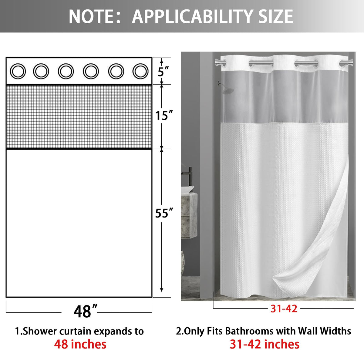 XOGUIBO curtain and liner measure 75 by 48 inches for standard baths.
