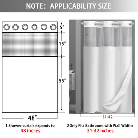 XOGUIBO curtain and liner measure 75 by 48 inches for standard baths.
