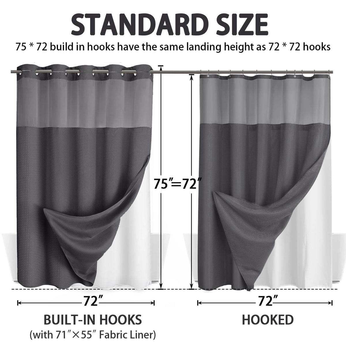 XOGUIBO dimensions 72W x 75L curtain and 71W x 55L liner
