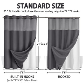 XOGUIBO dimensions 72W x 75L curtain and 71W x 55L liner