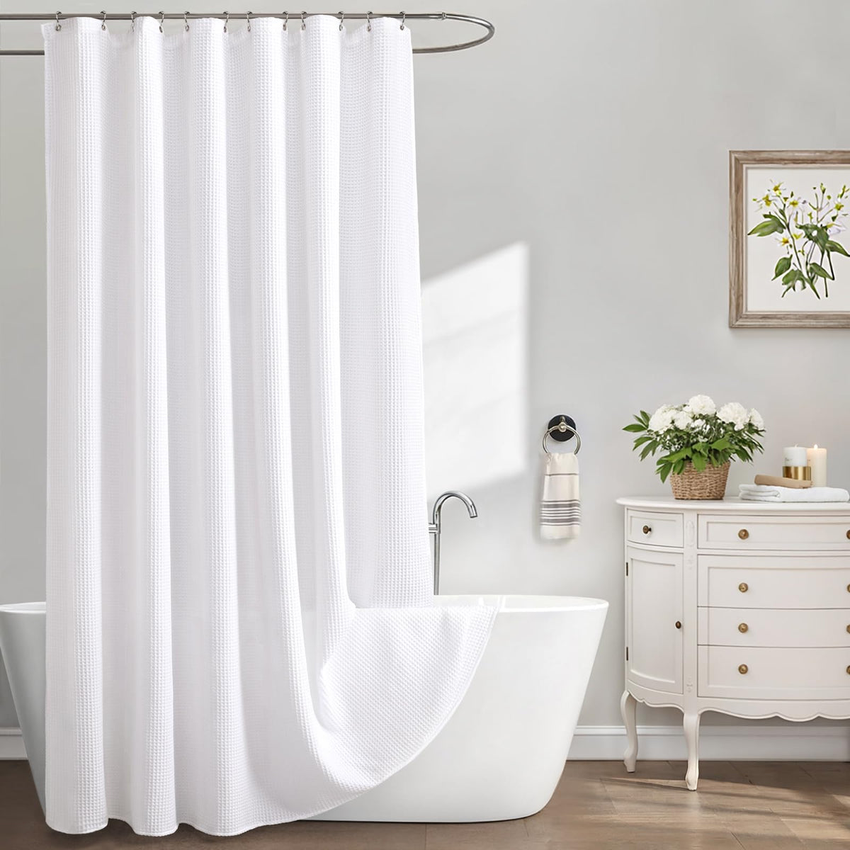 XOGUIBO extra long waffle curtain on display in a bright bathroom for spa-like elegance.