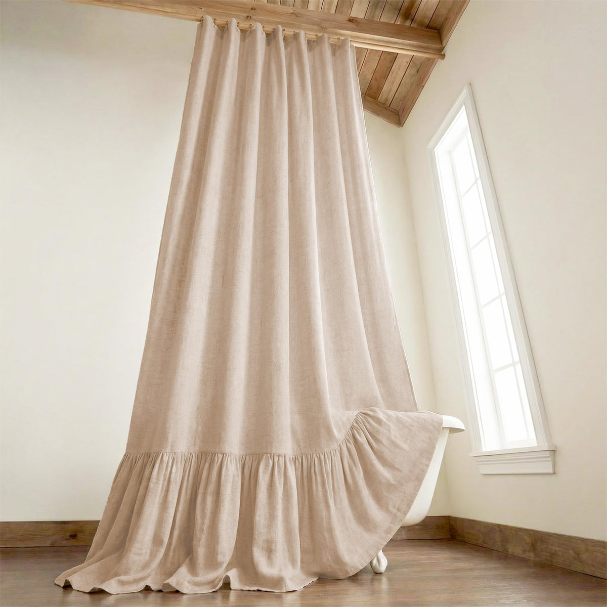 XOGUIBO extra long shower curtain with linen-beige front view—adds rustic warmth to your bathroom.