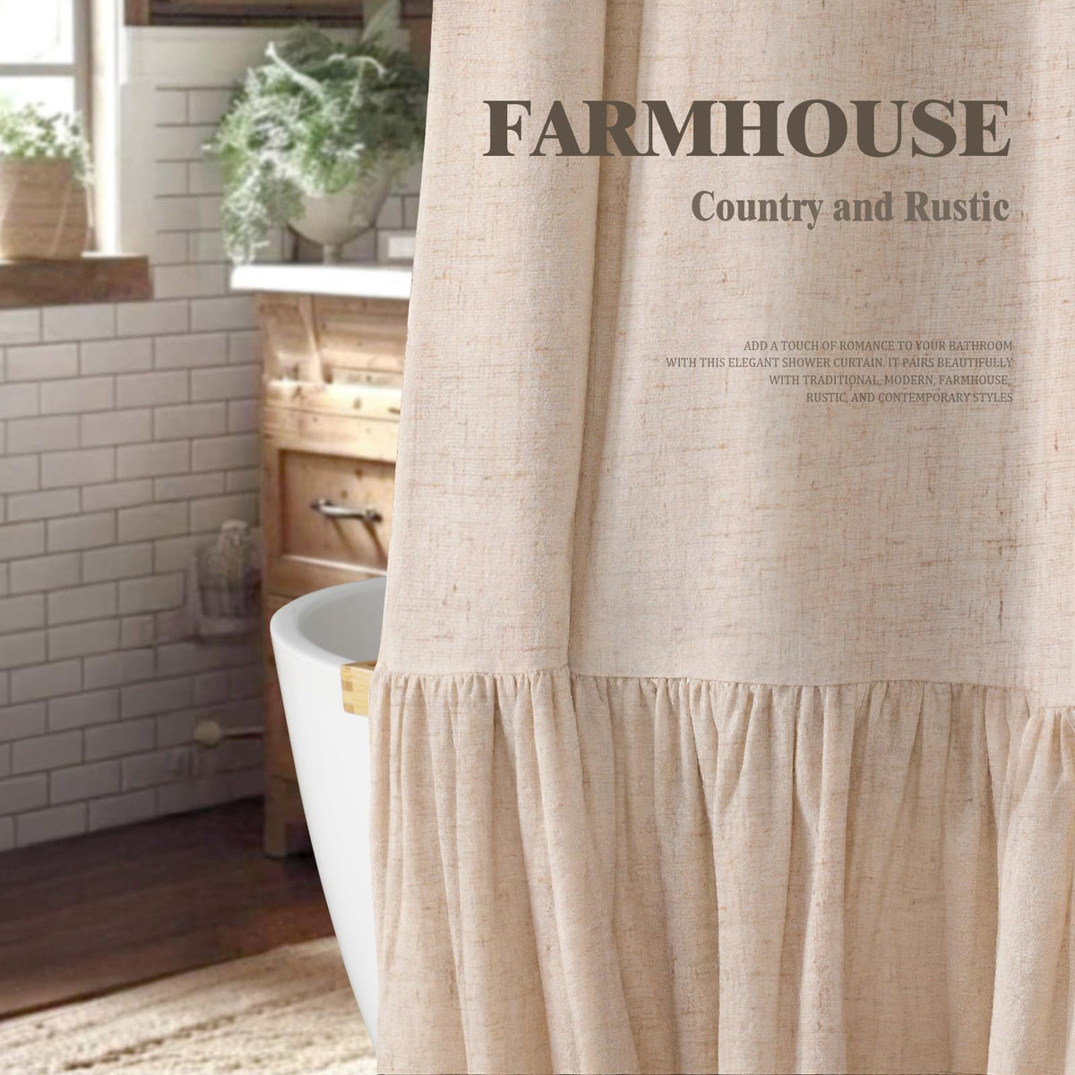 XOGUIBO ruffle-hem detail curtain adds a feminine spa-like charm.
