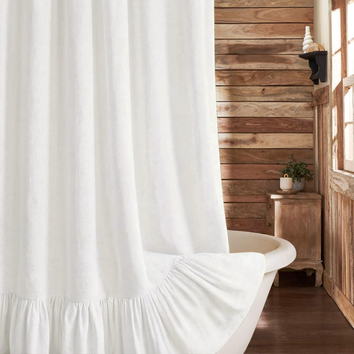 XOGUIBO farmhouse-boho curtain elevates bathroom decor with textured charm.
