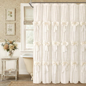 XOGUIBO Farmhouse Bows curtain close-up reveals delicate ruffles for timeless bathroom charm