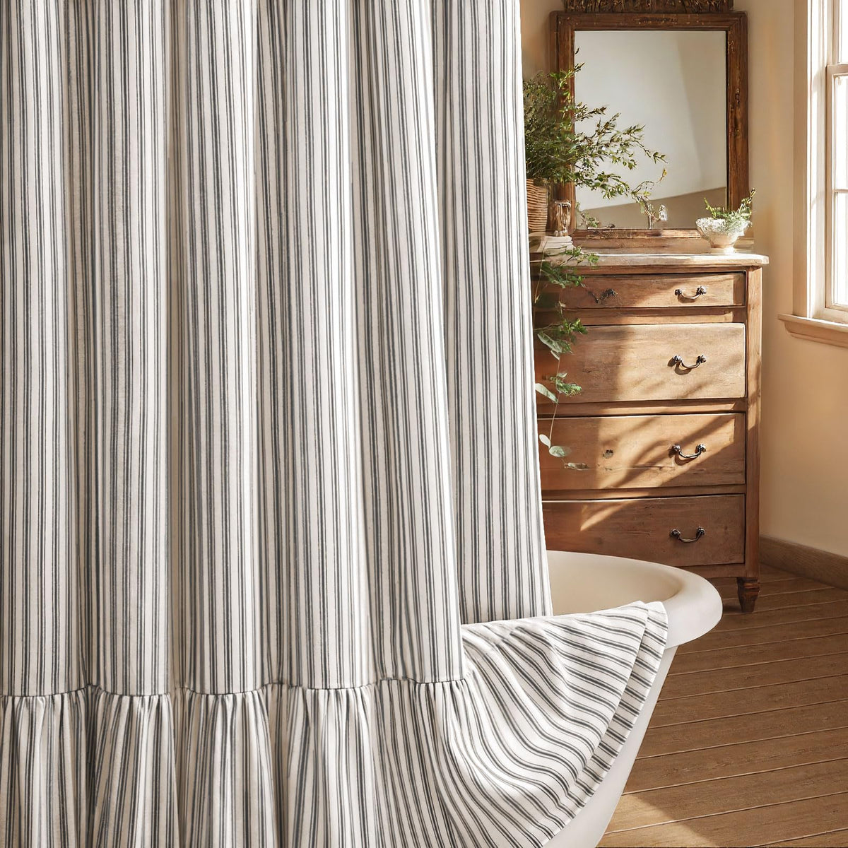 XOGUIBO farmhouse curtain cream with black stripe for timeless bathroom style