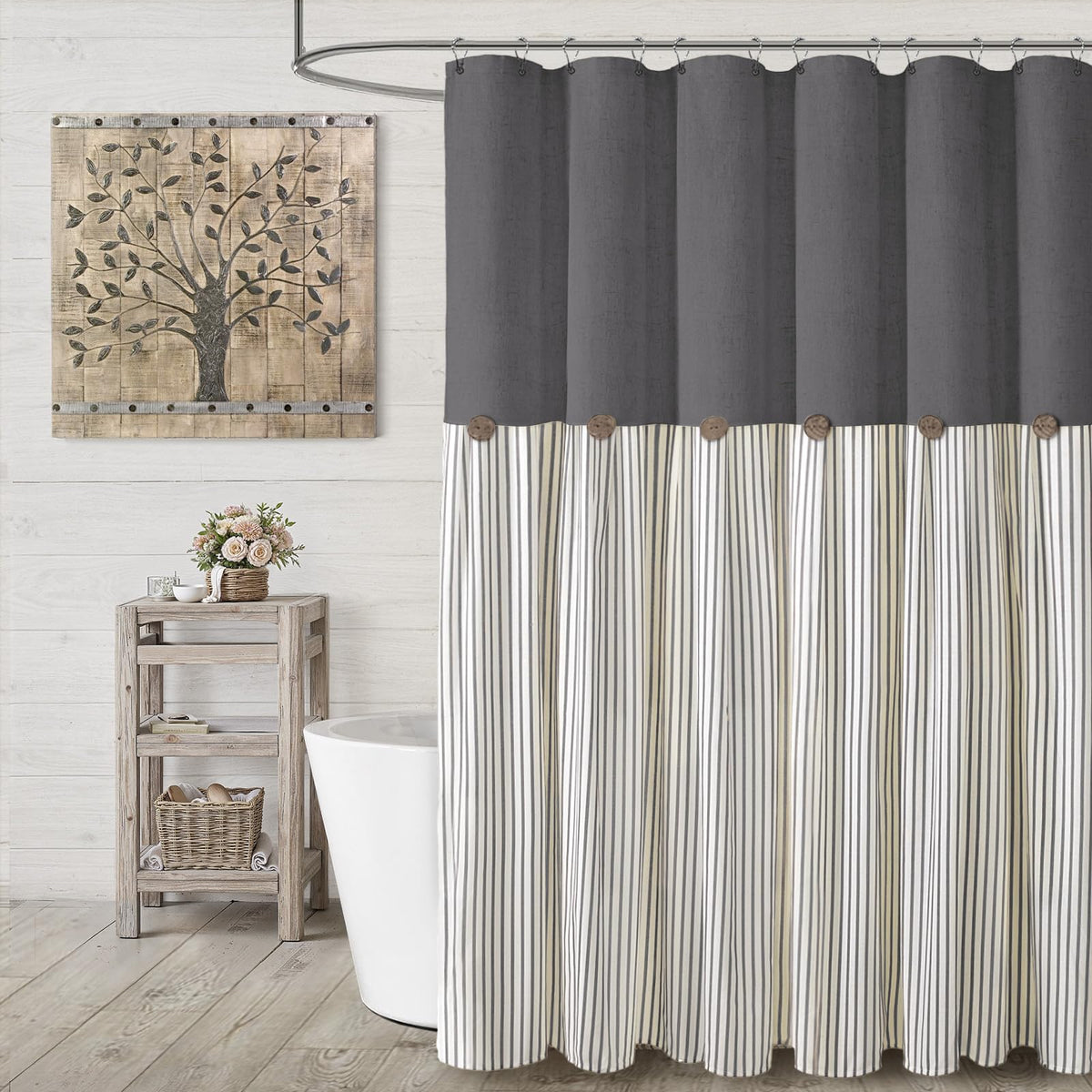 XOGUIBO farmhouse curtain in linen-grey with button detail adds rustic charm.