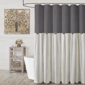 XOGUIBO farmhouse curtain in linen-grey with button detail adds rustic charm.