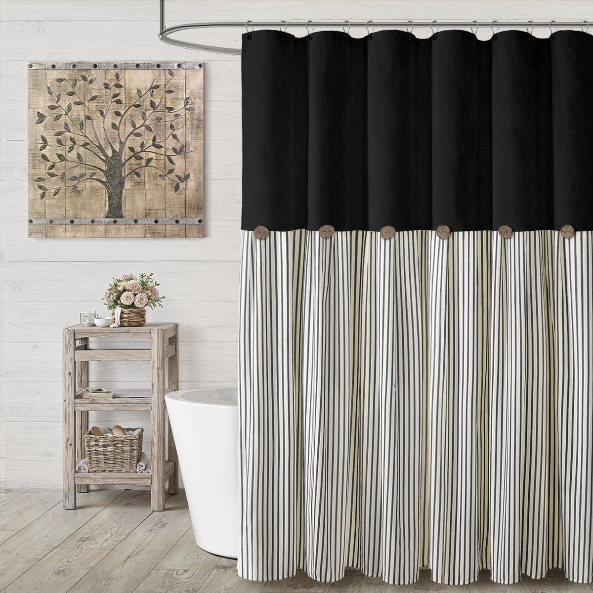 XOGUIBO farmhouse curtain in linen blend with black stripe for a cozy bathroom.
