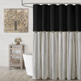 XOGUIBO farmhouse curtain in linen blend with black stripe for a cozy bathroom.