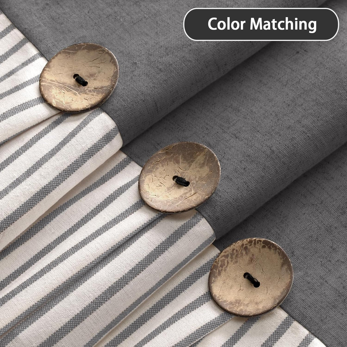 XOGUIBO curtain close-up highlights wooden-style buttons and chic ruched hem.