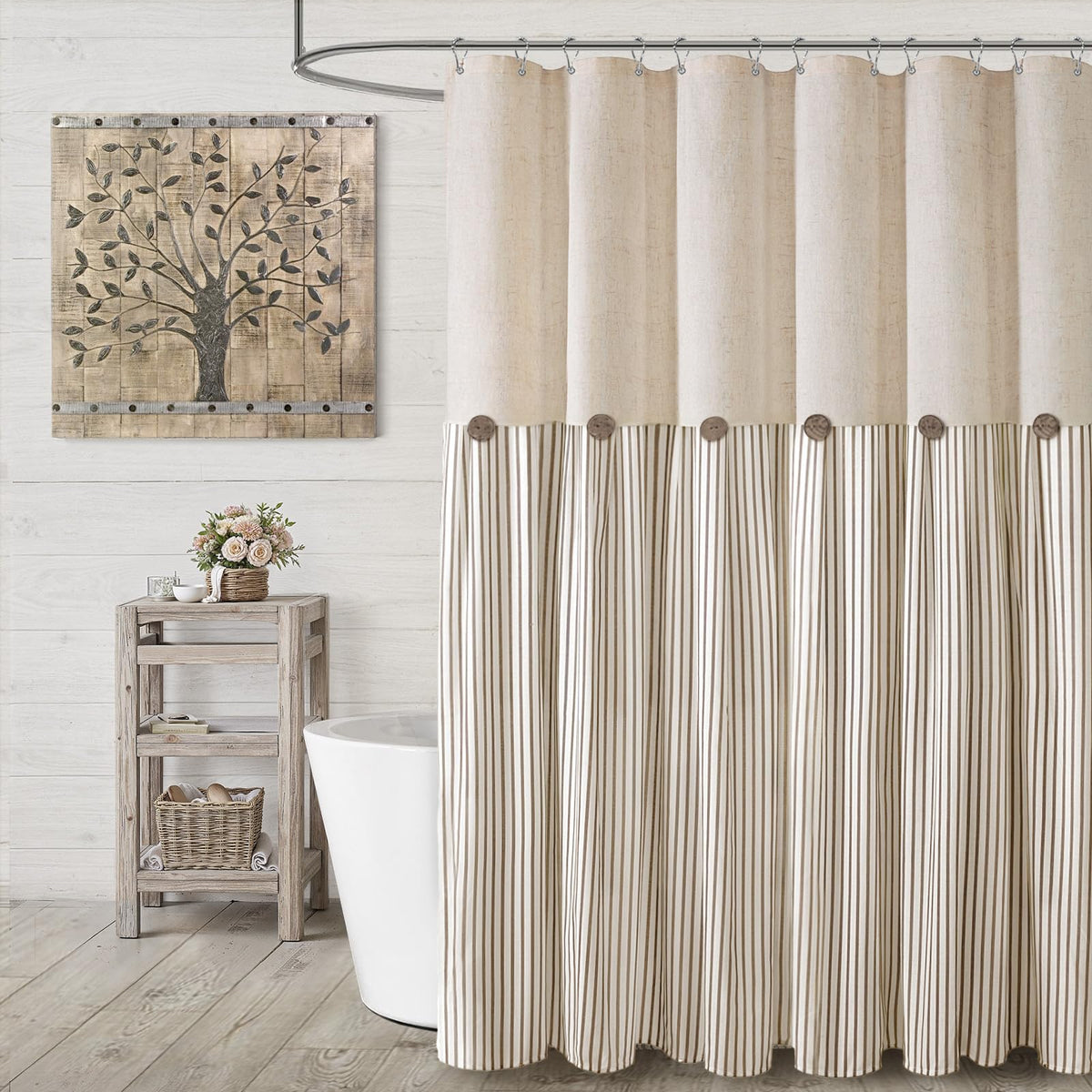 XOGUIBO farmhouse shower curtain with linen-beige fabric for a natural, inviting bath.
