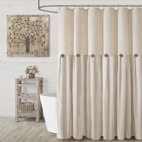 XOGUIBO farmhouse shower curtain with linen-beige fabric for a natural, inviting bath.