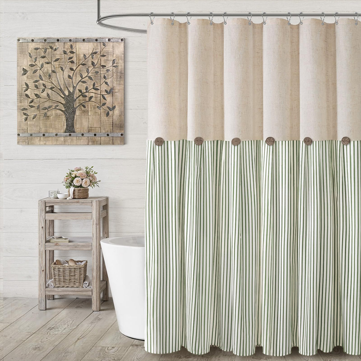 XOGUIBO farmhouse shower curtain with linen-button detail for rustic charm.