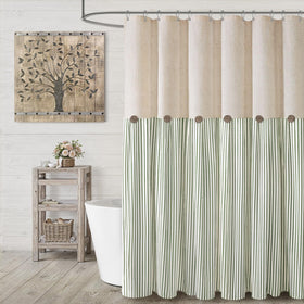 XOGUIBO farmhouse shower curtain with linen-button detail for rustic charm.