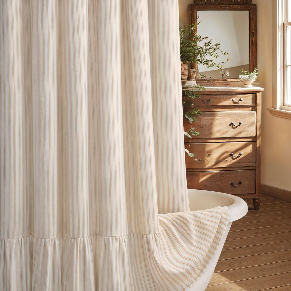 XOGUIBO farmhouse shower curtain with ruffle hem in cream-beige stripe; rustic softness.