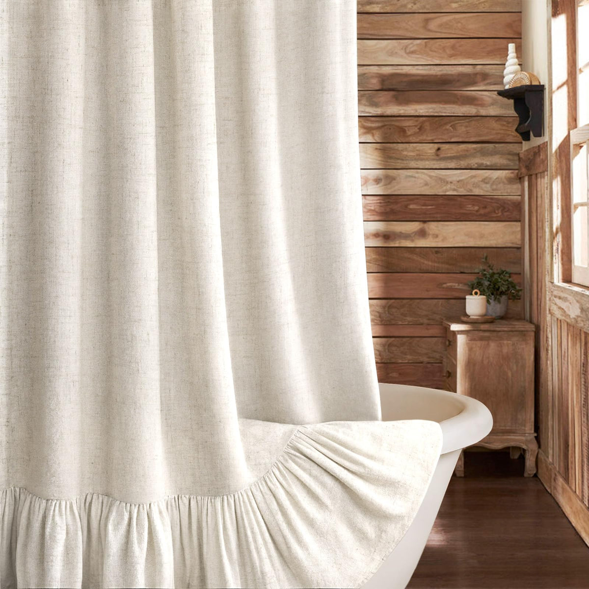 XOGUIBO farmhouse shower curtain with ruffle hem adds soft, cozy charm.