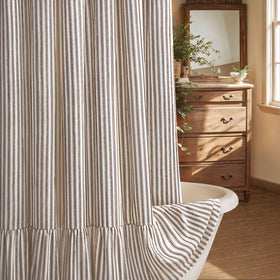 XOGUIBO farmhouse shower curtain with ruffle hem for a spa-like bath