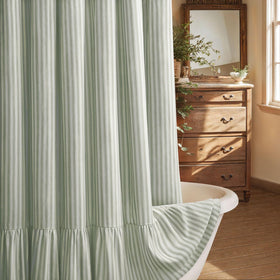 XOGUIBO farmhouse shower curtain with ruffle hem adds cottage charm.