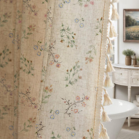 XOGUIBO floral farmhouse curtain shows pink and green motifs with soft texture for calm bath decor.