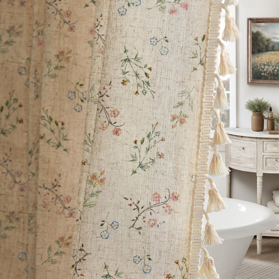 XOGUIBO floral farmhouse curtain shows pink and green motifs with soft texture for calm bath decor.